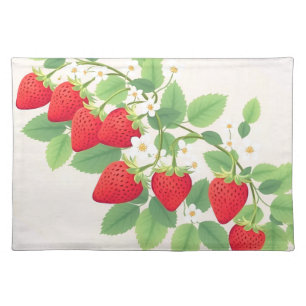Cute Strawberries With Green Leaves And Flowers Cloth Placemat