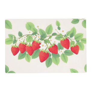 Cute Strawberries With Green Leaves And  Flowers Placemat