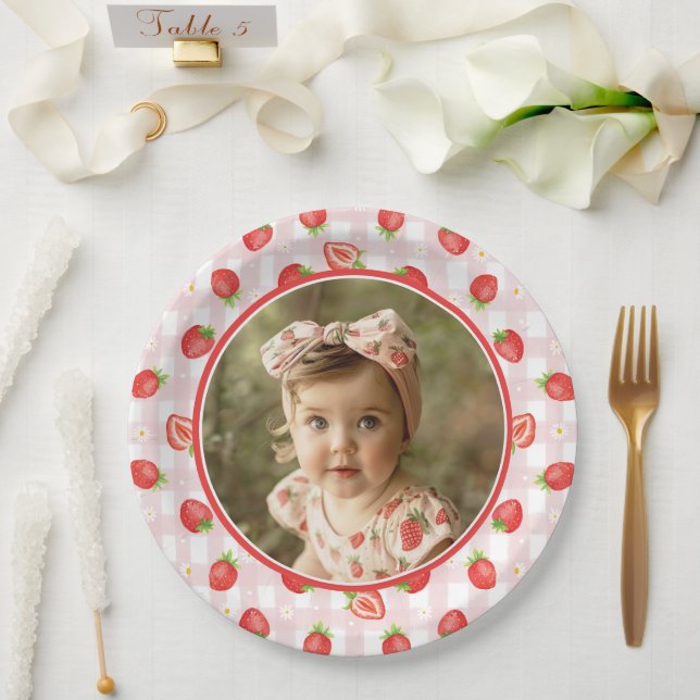 Cute Strawberry 1st Birthday Berry First Photo Paper Plates (Wedding)