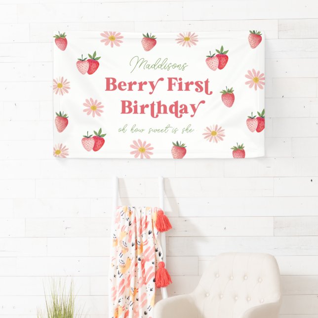 Cute Strawberry and Daisy Girls 1st Birthday Banner (Insitu)