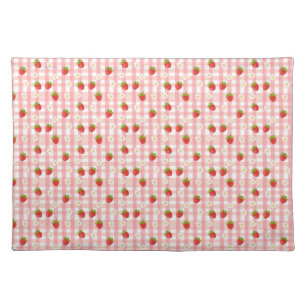 Cute strawberry and flowers on a pink gingham cloth placemat