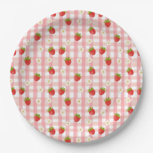 Cute strawberry and flowers on a pink gingham paper plates