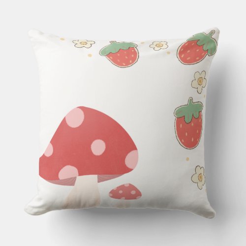 Cute Strawberry and Mushroom Cottagecore Illustrat Throw Pillow