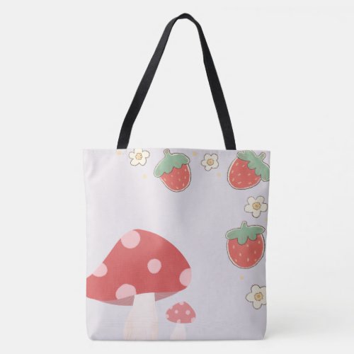Cute Strawberry and Mushroom Cottagecore Illustrat Tote Bag