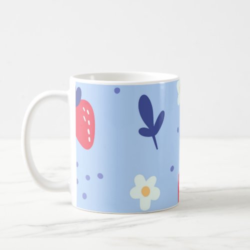 Cute Strawberry and Spring Flower Pattern on Blue Coffee Mug