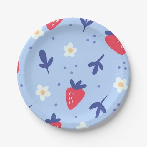 Cute Strawberry and Spring Flower Pattern on Blue Paper Plates