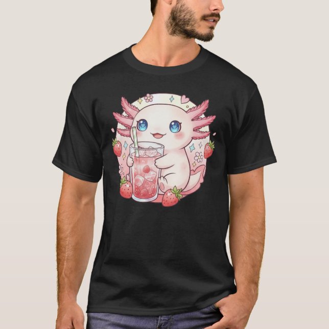 Cute Strawberry Axolotl Kawaii Art T-Shirt (Front)