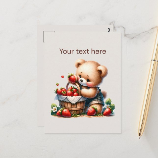 Cute strawberry bear customizable postcard (Front/Back In Situ)
