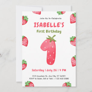 Cute Strawberry Berry 1st Birthday Invitation  