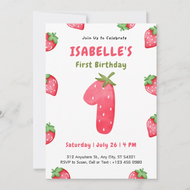 Cute Strawberry Berry 1st Birthday Invitation   (Front)