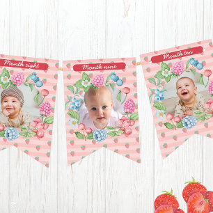 Cute Strawberry Berry First 1st Birthday 12 Photo Bunting Flags