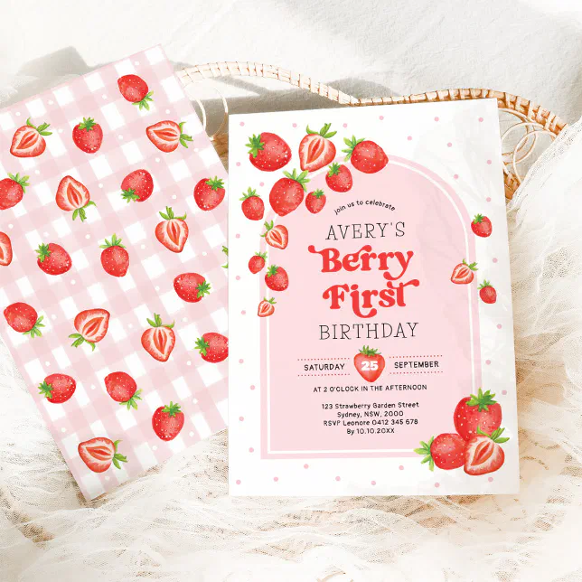 Cute Strawberry Berry First 1st Birthday Invitation | Zazzle