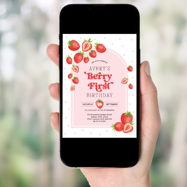Cute Strawberry Berry First 1st Birthday Invitation (Front Digital)