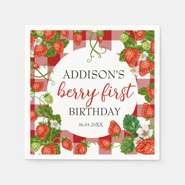 Cute Strawberry Berry First 1st Birthday Napkins (Front)