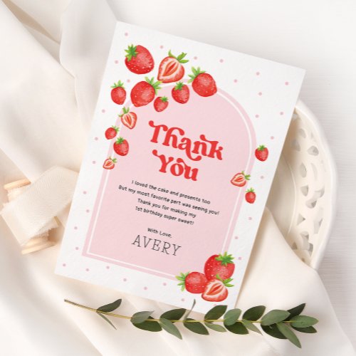 Cute Strawberry Berry First 1st Birthday Thank You Card