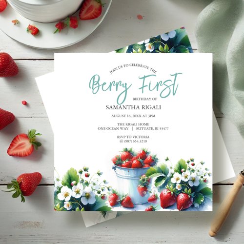 Cute Strawberry Berry First Birthday Invitation