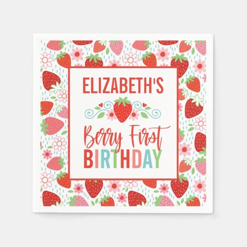 Cute Strawberry Berry First Birthday Party Napkins