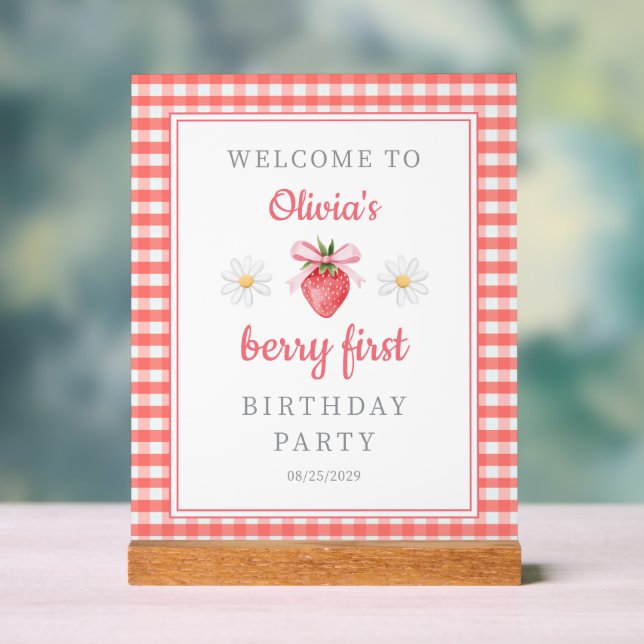 Cute Strawberry Berry First Birthday Welcome Acrylic Sign (Neutral)
