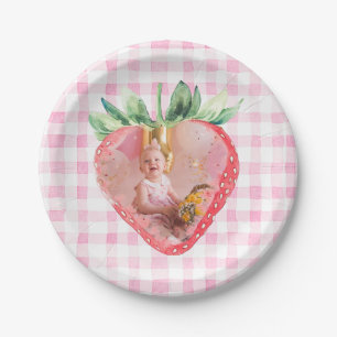 Cute Strawberry Berry Photo Pink Gingham Brithday Paper Plates