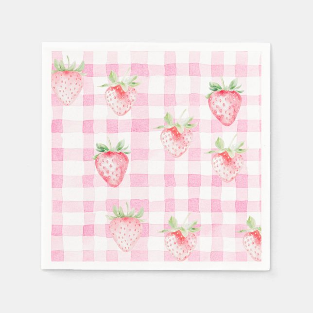 Cute Strawberry Berry Pink Gingham Brithday Napkins (Front)