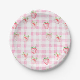 Cute Strawberry Berry Pink Gingham Brithday Paper Plates