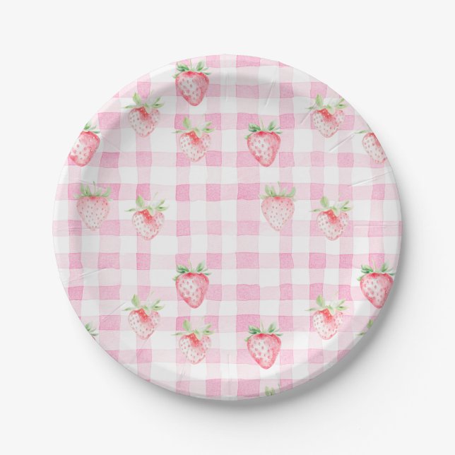 Cute Strawberry Berry Pink Gingham Brithday Paper Plates (Front)