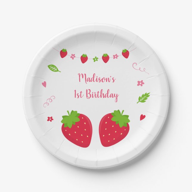 Cute Strawberry Berry Sweet Birthday Paper Plates (Front)