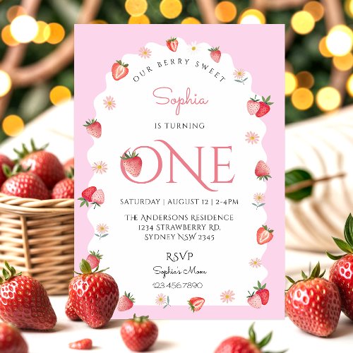 Cute Strawberry Berry Sweet First Birthday Wavy Invitation