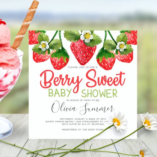 Cute Strawberry Berry Sweet Gingham Baby Shower Invitation
