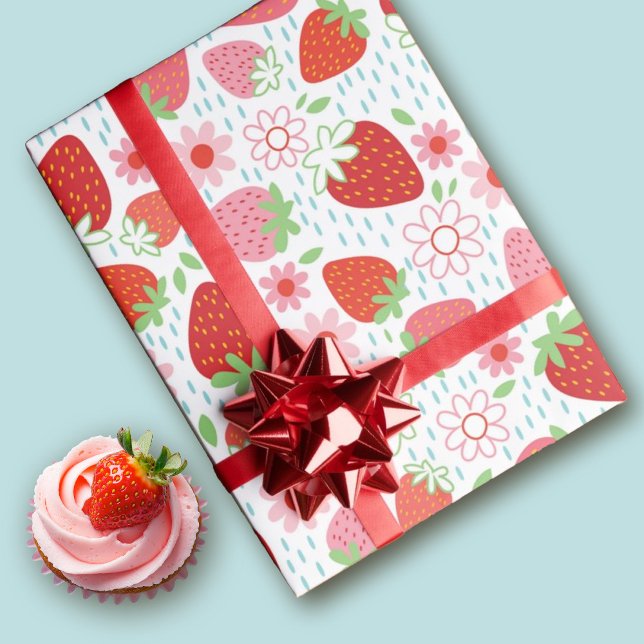 Cute Strawberry Berry Sweet  Wrapping Paper (Cute berry sweet strawberry pattern birthday wrapping paper.)
