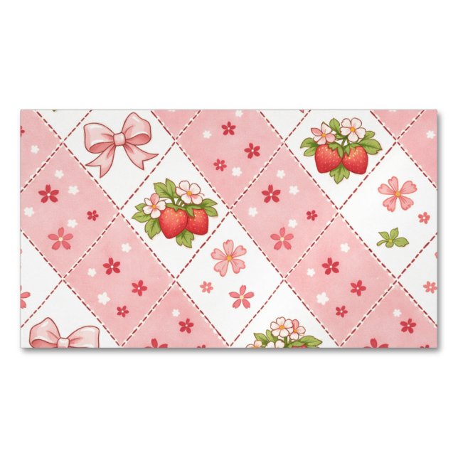 cute strawberry bow floral seamless pattern design business card magnet (Front)