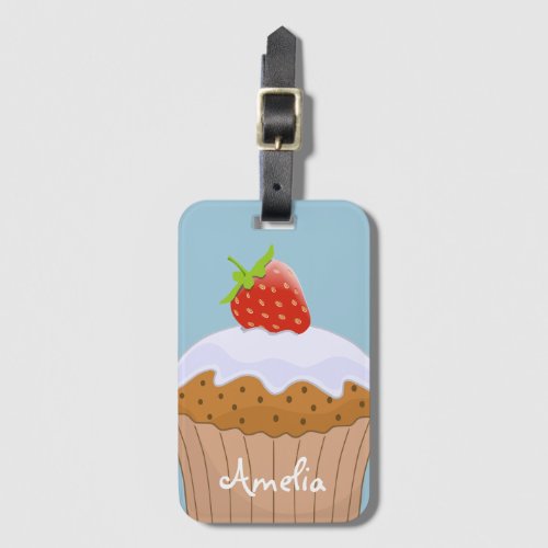 Cute Strawberry Bun Personalised Blue Luggage Tag