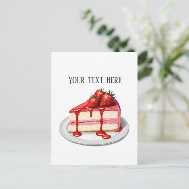 Cute strawberry cake bakery customizable postcard (Standing Front)