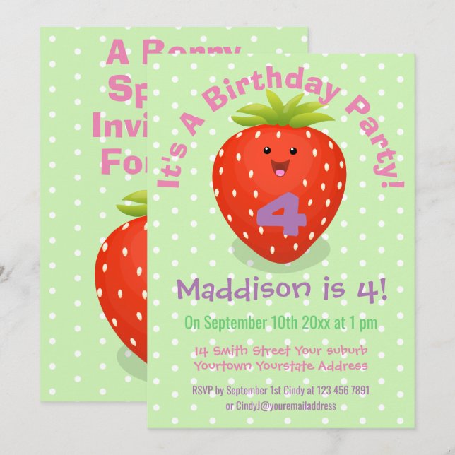 Cute strawberry cartoon illustration invitation (Front/Back)