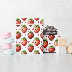 Cute Strawberry Character And Hearts Birthday Wrapping Paper