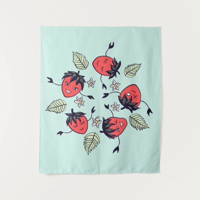 Cute Strawberry Characters Tapestry (Front)