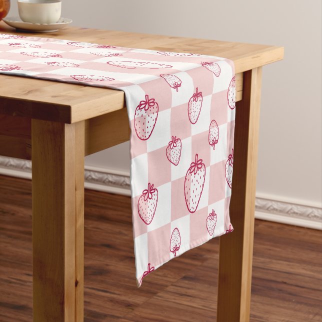 cute strawberry checkerboard pattern short table runner (In Situ)