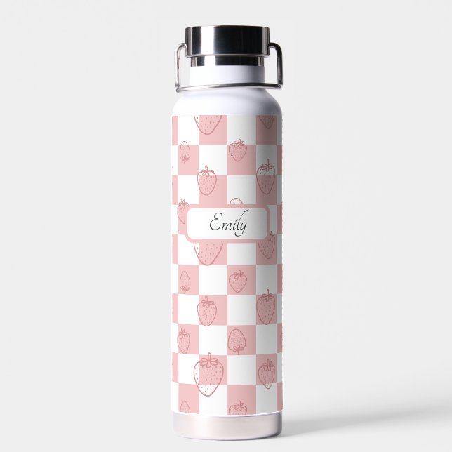 cute strawberry checkerboard pattern  water bottle (Back)