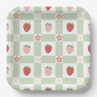 Cute Strawberry Checkered Kids Birthday Paper Plates