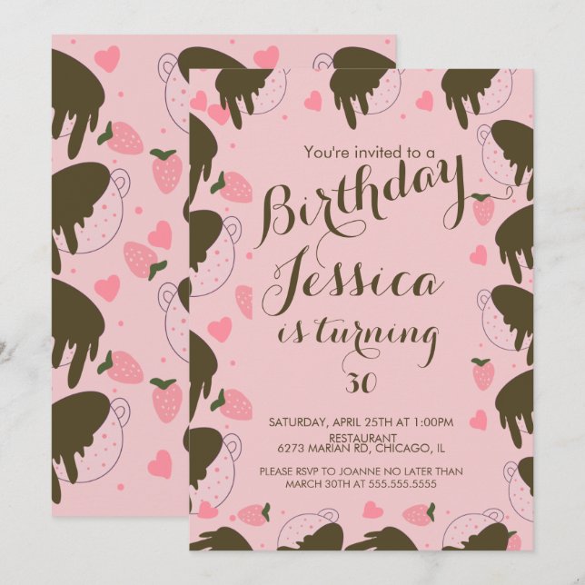 Cute Strawberry Chocolate Dripping Birthday Invitation (Front/Back)
