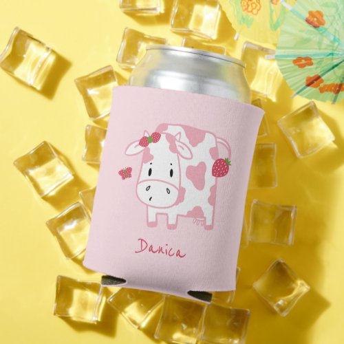 Cute Strawberry Cow and Butterfly  Name Can Cooler