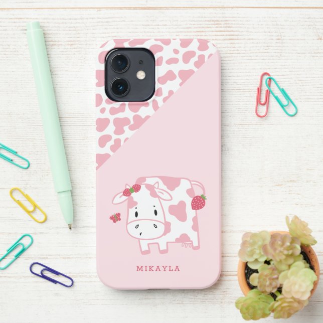 Cute Strawberry Cow and Spots Pattern iPhone Case (On Desk)