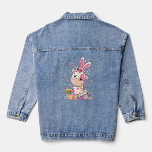 Cute Strawberry Cow Wearing Bunny Ear Easter Egg B Denim Jacket