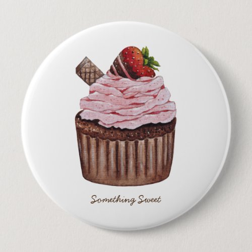 Cute Strawberry Cupcake  In Watercolor  Button