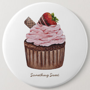 Cute Strawberry Cupcake In Watercolor Button