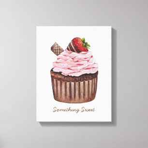 Cute Strawberry Cupcake In Watercolor Canvas Print
