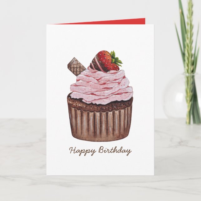Cute Strawberry Cupcake In Watercolor  Card (Front)