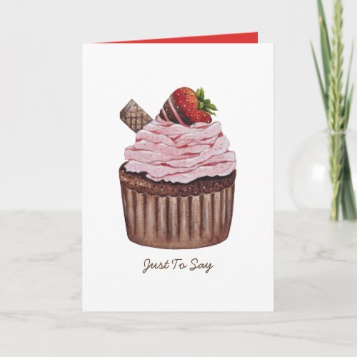Cute Strawberry Cupcake In Watercolor   Card