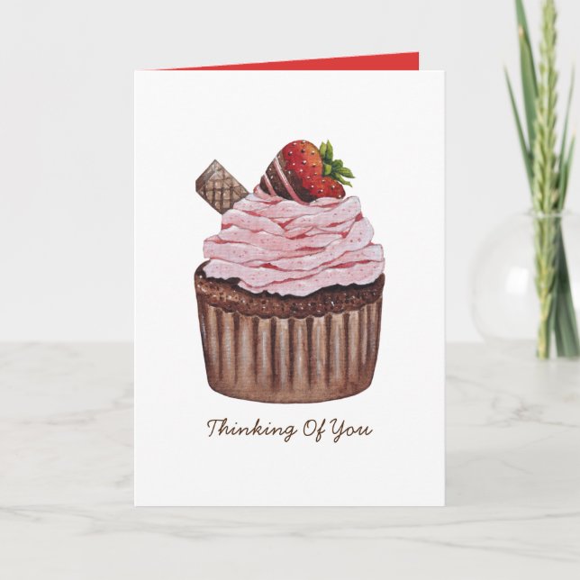 Cute Strawberry Cupcake In Watercolor  Card (Front)
