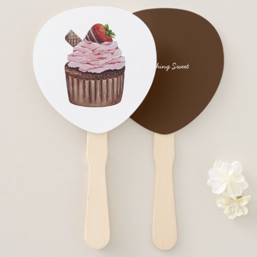 Cute Strawberry Cupcake  In Watercolor  Hand Fan